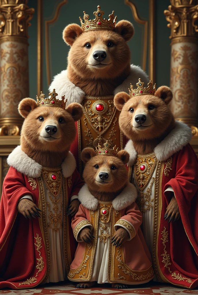 Royal family of 4 members of bear wearing royal costumes in palace wearing crown