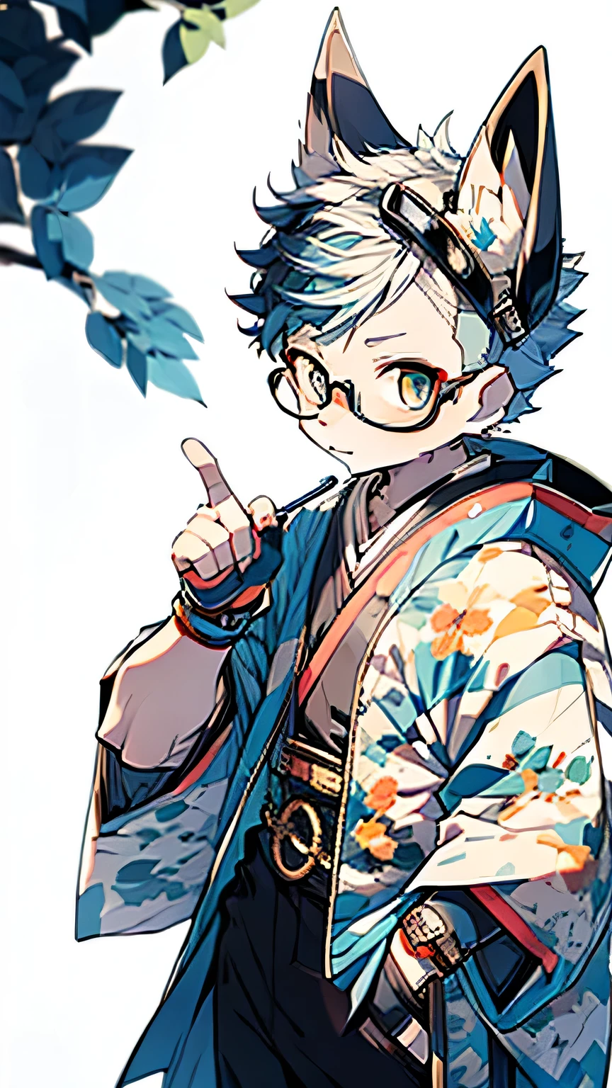 He has blue hair and wears glasses.　kimono　Steampunk Style
