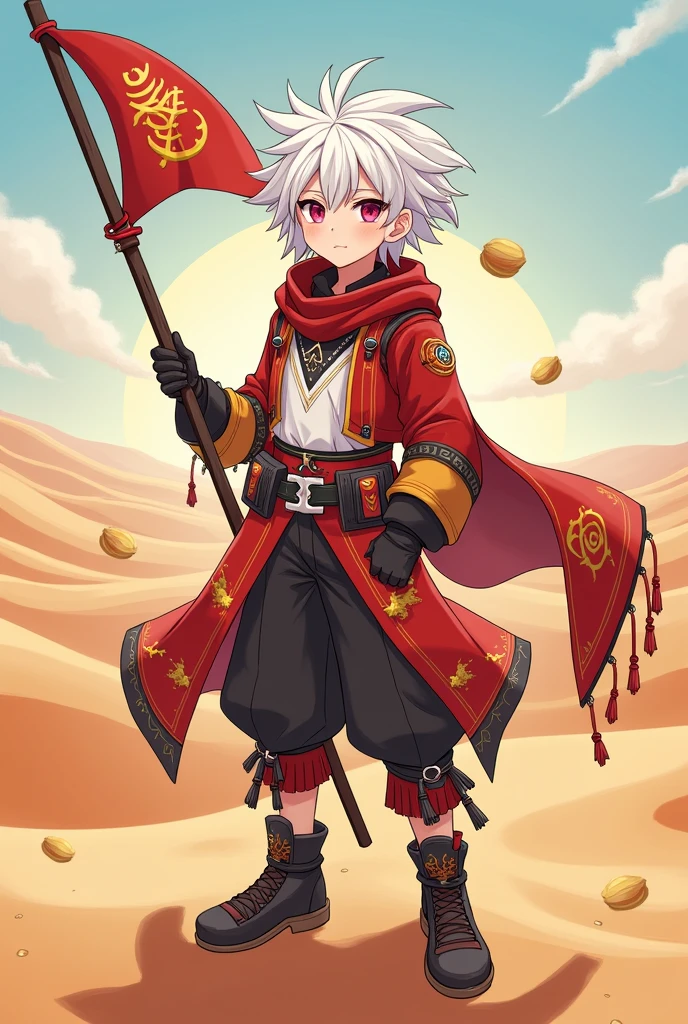Bell Cranel white hair red eyes white hair anime with desert outfit with orario flag and a black bone necklace and red eyes