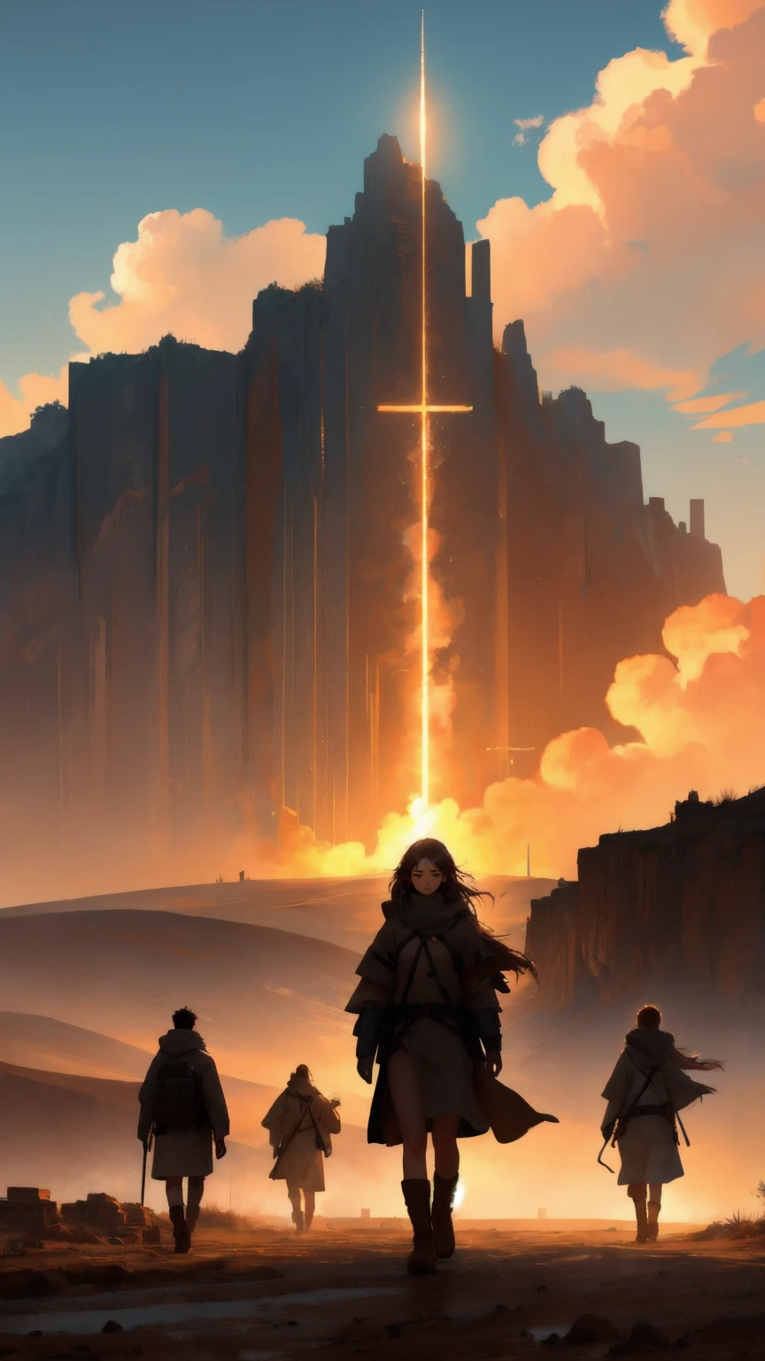 Depict a group of rugged survivors, led by a beautiful girl with determined eyes, trudging through a barren, brown landscape filled with oversized Bitcoin coins half-buried in the ground. The background should be rich in earthy, brown tones, with towering cliffs on either side and a massive Bitcoin symbol in the sky, signifying hope and resilience. The scene should capture the spirit of 'Mt. Gox Survivors,' showing the characters in worn-out 'HODL' shirts as they strive towards a brighter future, with the girl symbolizing leadership and perseverance.