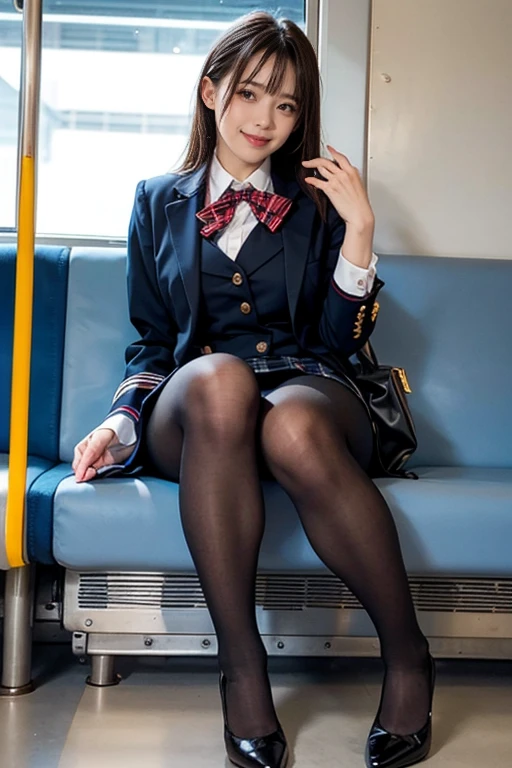 4K.Sharp focus、(((Sit well))), Beauty sitting on train seat, Taken from the opposite seat, Knee height seat, View Photographer, Tall Woman, One Woman, whole body, (Smiling at the photographer), tight skirt, (pantyhose), High heels, Sexy Dress, Long legs, Heavy makeup, Perfect Makeup, Perfectly styled hair、Clothes that show the chest、Girl in school uniform、