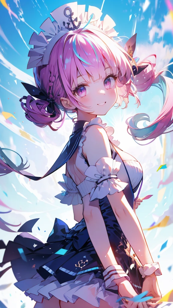 (Highest quality:1.2), (Very detailed:1.2),(masterpiece:1.2),(8k:1.2),(Blessed,Captivating body、Very beautiful eyes、Very detailed肌、Very detailed顔,Detailed Background), aaaqua, twintails, drill hair, maid headdress, cleavage, short sleeves, wrist cuffs, (summer background,Blue Sky background:1.3),(The best smile:1.2)、farewell、graduation, (looking back:1.2)