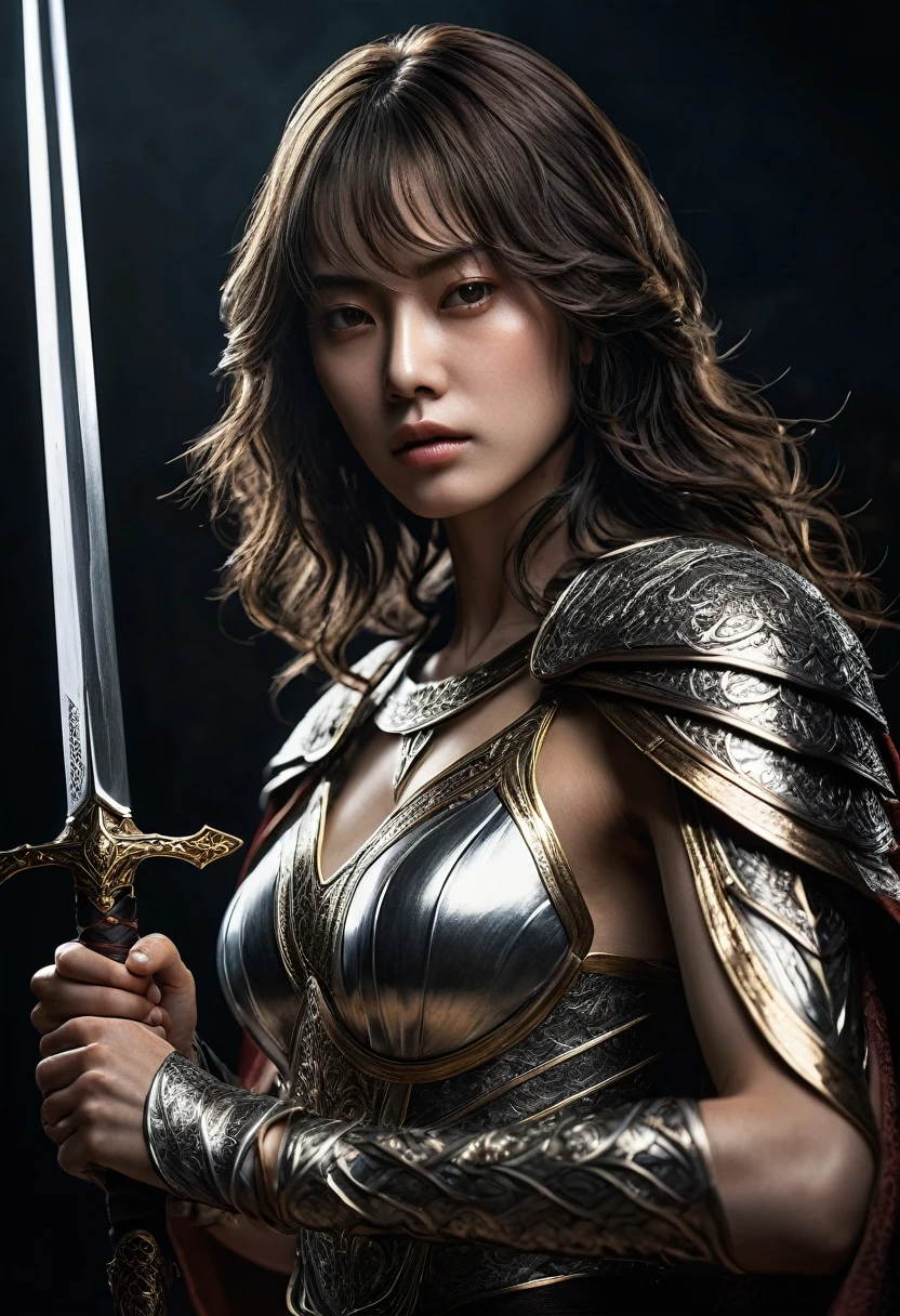 genius idol Akechi, long hair, black hair, subtle makeup, golden hour, photorealistic, high contrast, 8k HD, detailed, hyper-detailed, realistic skin texture, tiny breast, best quality, ultra high res, raw photo, dramatic lighting, unreal engine, diffuse glow intricate silver eaba, white imperial cape, arm, hand, spear, ((She grabbed her (sword))), no helm, intricate details High Quality, 8k, Realistic, Ultra-Detailed, Dramatic Lighting, Soft Focus, Digital Illustration, Intense Expression, Strong Gaze, Intense Emotion, Complex Mechanics, Advanced Technology, Dark Background, Cinematic, High Contrast, Moody, Strict, Atmosphere, (Best Quality, 4k, 8k, High Definition, Masterpiece: 1. 2 ), ultra-detailed, (realistic, graphic, photorealistic:1.37) --no glass