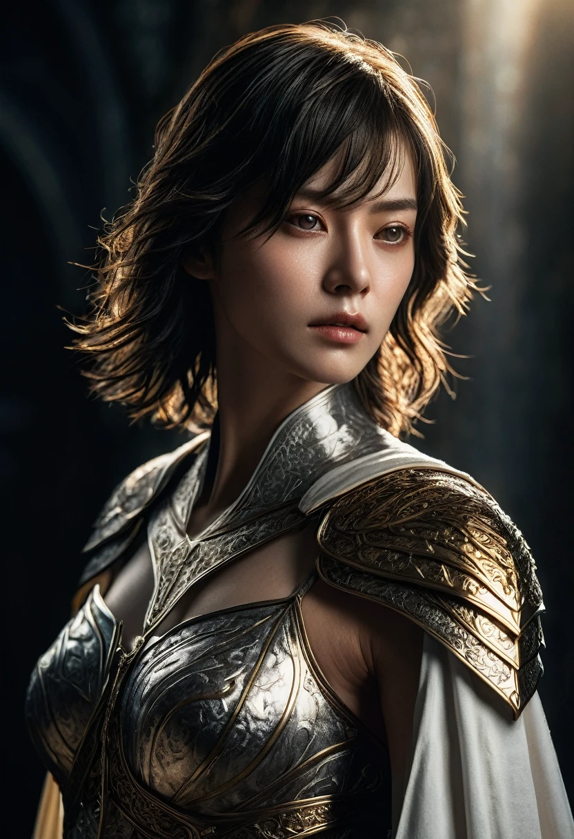 genius idol Akechi, long hair,  black hair, subtle makeup, golden hour, photorealistic, high contrast, 8k HD, detailed, hyper-detailed, realistic skin texture, tiny breast, best quality, ultra high res, raw photo, dramatic lighting, unreal engine, diffuse glow  intricate silver eaba, white imperial cape, arm, hand, spear, ((She grabbed her (sword))), no helm,  intricate details High Quality, 8k, Realistic, Ultra-Detailed, Dramatic Lighting, Soft Focus, Digital Illustration, Intense Expression, Strong Gaze, Intense Emotion, Complex Mechanics, Advanced Technology, Dark Background, Cinematic, High Contrast, Moody, Strict, Atmosphere, (Best Quality, 4k, 8k, High Definition, Masterpiece: 1. 2 ), ultra-detailed, (realistic, graphic, photorealistic:1.37) --no glass