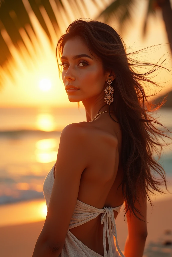 beautiful indian girl, sexy girl, detailed face, ultra detailed, hot body, (best quality, 8k, 32k, perfect body, ultra detailed body), beach, sunset, smiling, floral knotted split midi dress, looking at sun, photorealistic, high resolution, detailed skin, intricate details, warm lighting, vibrant colors, cinematic lighting, glowing skin, natural lighting, soft focus, depth of field, golden hour, detailed jewelry, flowing dress, windblown hair, elegant pose, serene expression, beautiful scenery, tropical paradise, beach sunset, stunning beauty, radiant skin, alluring gaze, graceful figure, captivating portrait