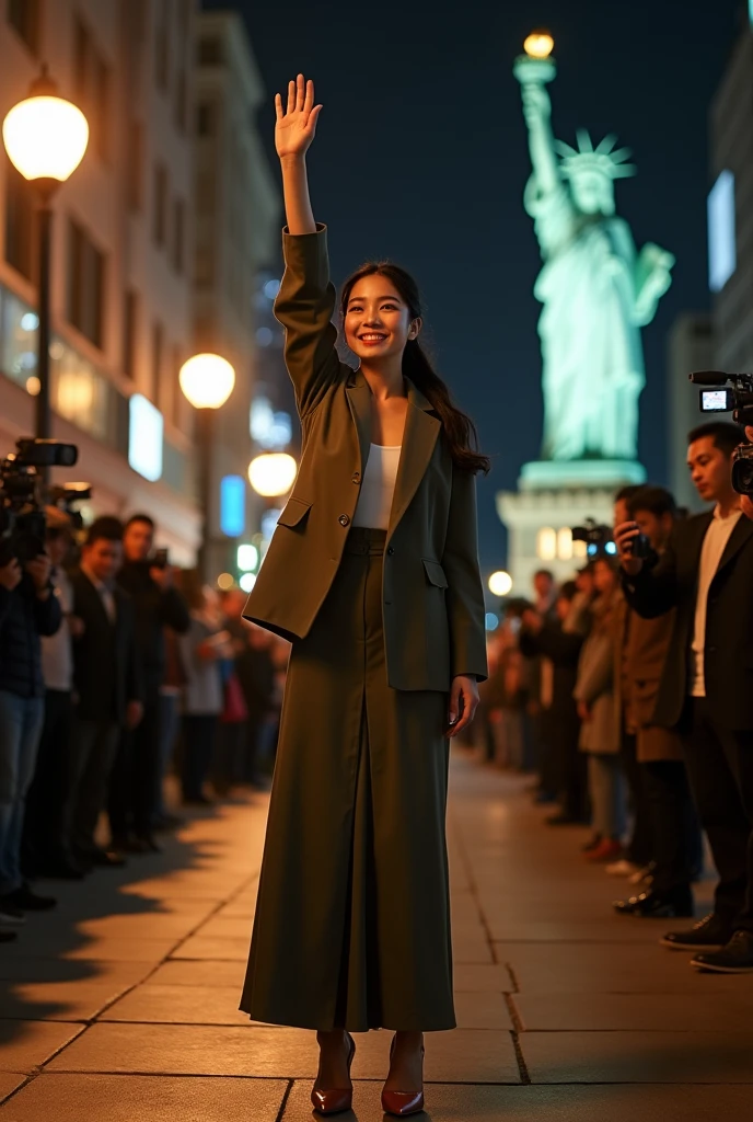 a young woman long black ponytale hair, wear outfit jacket with shawl neck, long skirt dress clothes, wear high shoes, standing while raise right hand up to audience on middle between journalist, at night, natural, sweetly smile, happiness, his actress movie hollywood, lighting pole lamps, real hyper realistic, real human japanese, UHD 8k, detailed photo, perfect face, detailed places, landscape, full body, photo was taken from a distance on outdoor sidewalk the statue of liberty new york city