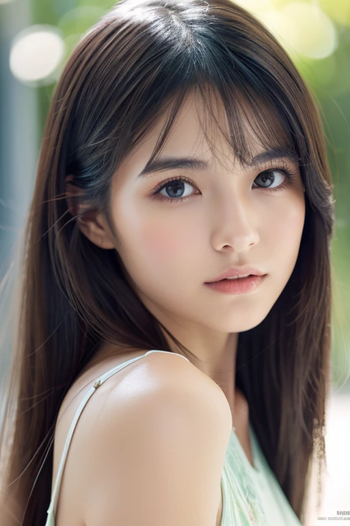 Very detailed, Realistic image of a Japanese girl with long black hair, Wearing a sleeveless camisole, And a dark look. The artwork must capture the exquisite detail in her eyes, nose, And lips, Highlight the beauty. Images should be of the highest quality and highest resolution possible (8k) To showcase complex brush strokes and textures. The lighting should be soft and diffused, A gentle glow on the girl's face, Add depth and realism to your artwork. The color palette should be calm and harmonious., A touch of soft pastel tones enhances the melancholic atmosphere. Style、It should combine realistic portraiture with a subtle photorealistic aesthetic。, Capture the delicate balance between lifelike detail and a touch of whimsy.Full body angle、Front facing