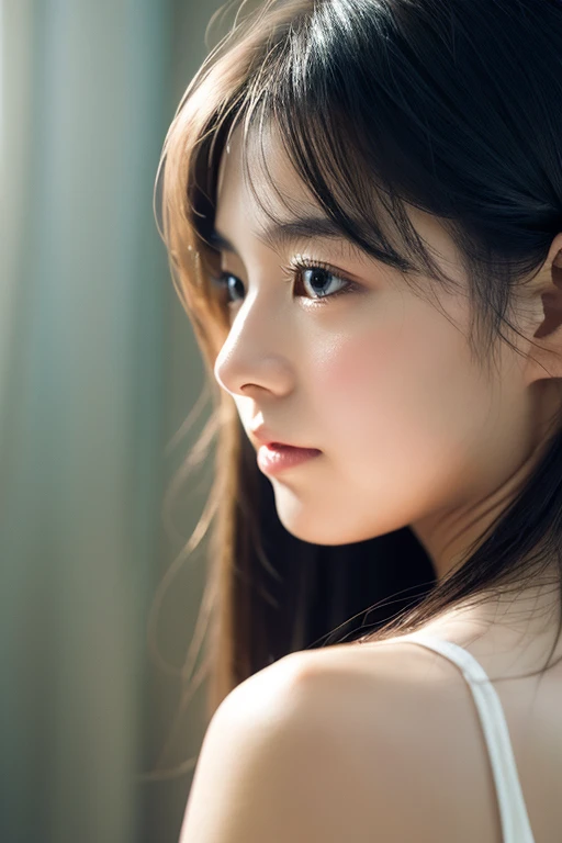 Very detailed, Realistic image of a Japanese girl with long black hair, Wearing a sleeveless camisole, And a dark look. The artwork must capture the exquisite detail in her eyes, nose, And lips, Highlight the beauty. Images should be of the highest quality and highest resolution possible (8k) To showcase complex brush strokes and textures. The lighting should be soft and diffused, A gentle glow on the girl's face, Add depth and realism to your artwork. The color palette should be calm and harmonious., A touch of soft pastel tones enhances the melancholic atmosphere. Style、It should combine realistic portraiture with a subtle photorealistic aesthetic。, Capture the delicate balance between lifelike detail and a touch of whimsy.Full body angle、Front facing