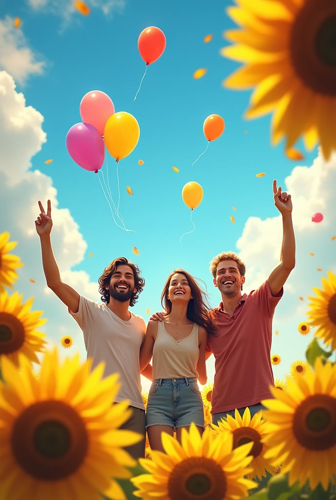 A group of friends(both males and females) laughing together, bright sunflowers, or colorful balloons being released into the sky.