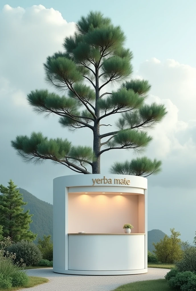 White yerba mate stand with the word yerba mate cloudy written on it and an araucaria tree behind it 