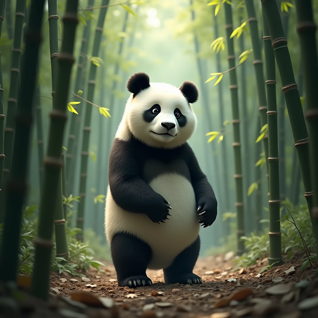 The image shows a panda bear standing on its hind legs in a bamboo forest. The panda is facing towards the right side of the image and appears to be balancing on its front paws. It is black and white in color and has a round face with black eyes. The forest floor is covered in dried leaves and twigs, and there are tall bamboo stalks on both sides. The background is dense and green, creating a peaceful and serene atmosphere. The image has a dreamy and ethereal quality, with the panda's natural beauty and tranquility.