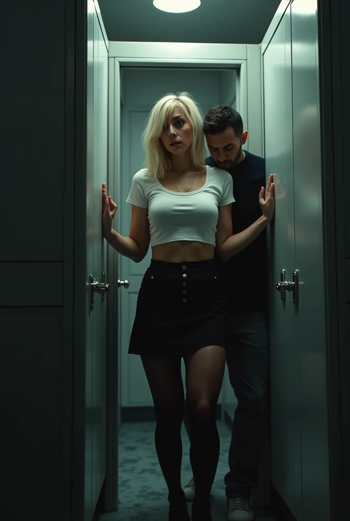 (Public restroom entrance) Sexy blonde woman. A tight-fitting white shirt skirt with black short skirt and stockings.Fearful look.(Chest is g cup).black stockings.((A young man grabs a woman by her hair and drags her into a toilet stall.