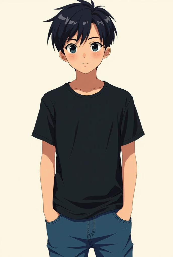 Create a image of a teenager boy who wear black tshirt and blue jeans with average height black hair and eyes in 2d anime style