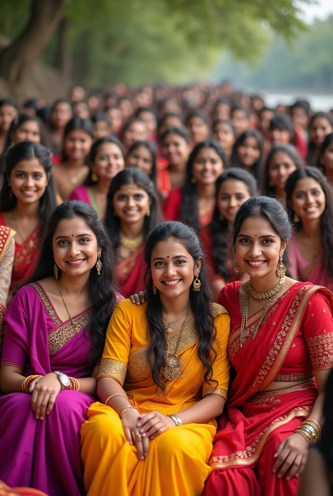 A large group of Indian women wearing colorful traditional saris, smiling and posing together while sitting down looking right side in 2d form