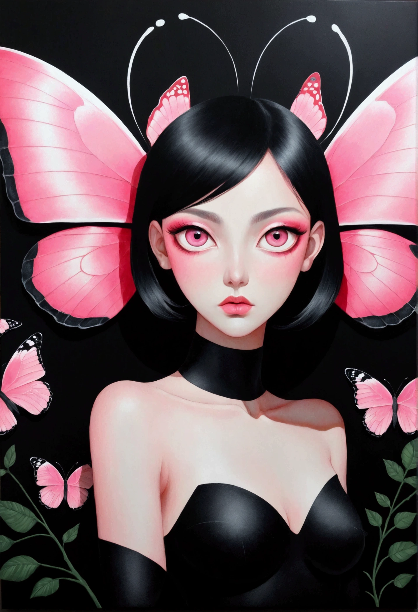Pink butterfly on black background,The eyes are green, O'Keeffe-Inspired Acrylic Paintings, Reddit, Metaphysically, big Pink Eyes, Pink Eyes, Big red eyes, Fantasy acrylic painting, Acrylic canvas, acrylic and spraypaint, Paint with acrylic paint, Evil world magic painting atmosphere, large red eyes