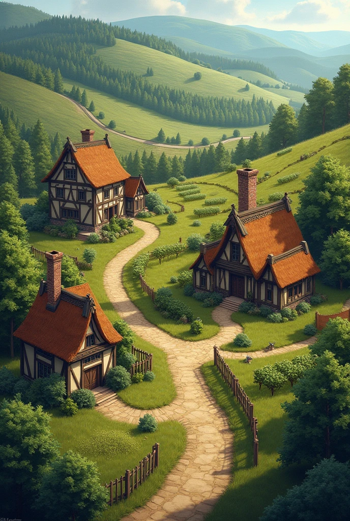 Medieval style village with houses and crops with a green meadow with a remote forest and paths 