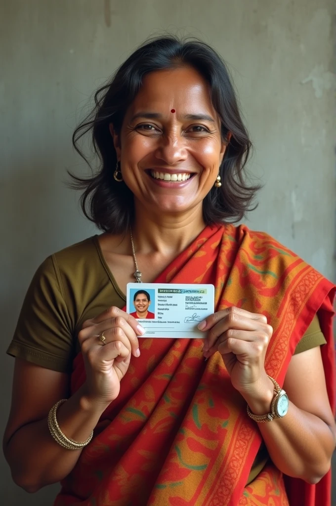 An indian lady holding her citizenship card