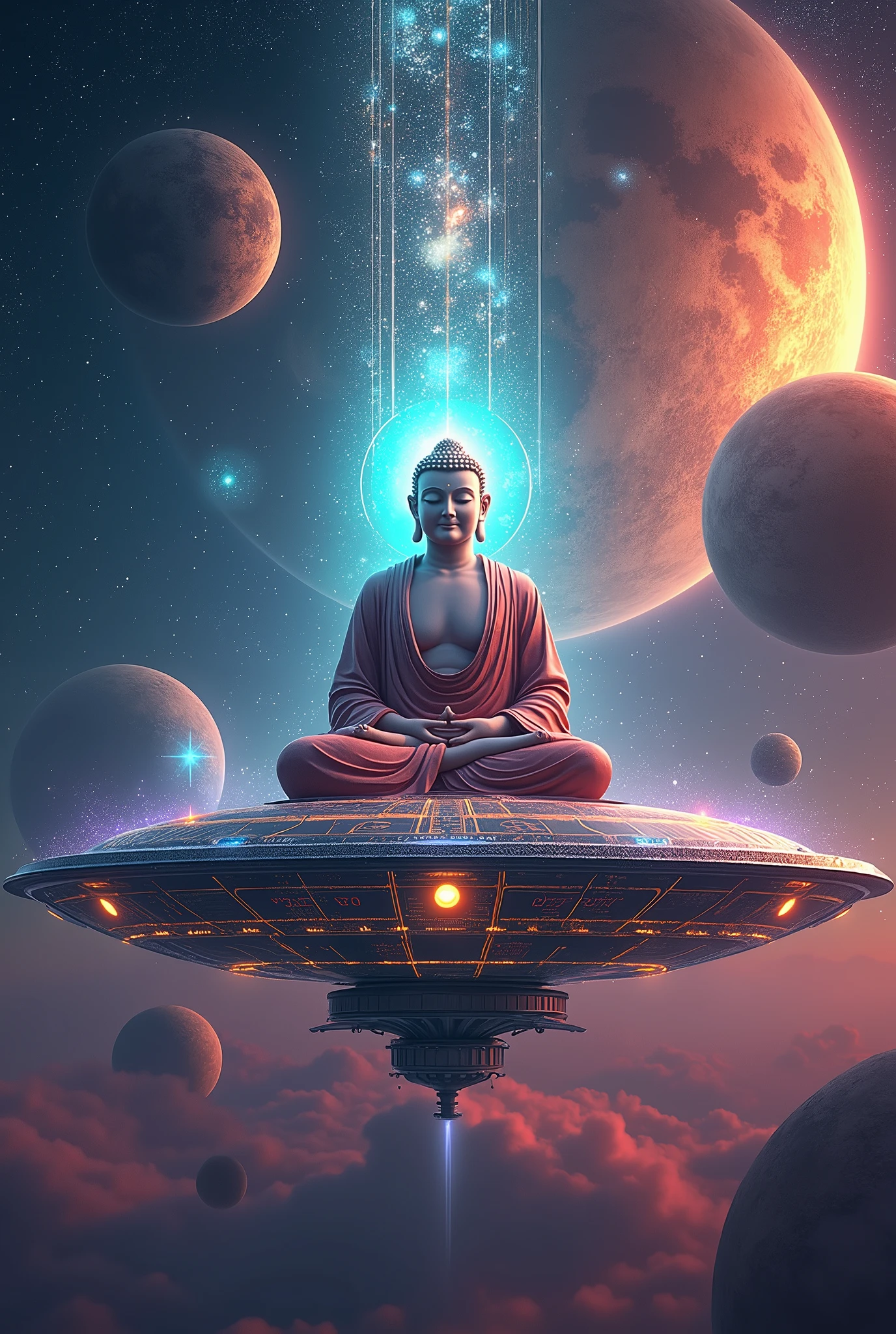 a very realistic and very psychedelic Buddha sitting on top of a flying saucer around several large planets, psychedelia, etc...
a very colorful and eye-catching image, the Buddha is very modern and meditating with a happy face, light entering his head, the flying saucer is full of lights and very realistic around the planets, astrological calculations and all the art involving quantum mechanics. I want everything to be very engaging., with occultism, involving spirituality the flying saucer has to be more eye-catching, with lots of flashing lights and that all of it appears