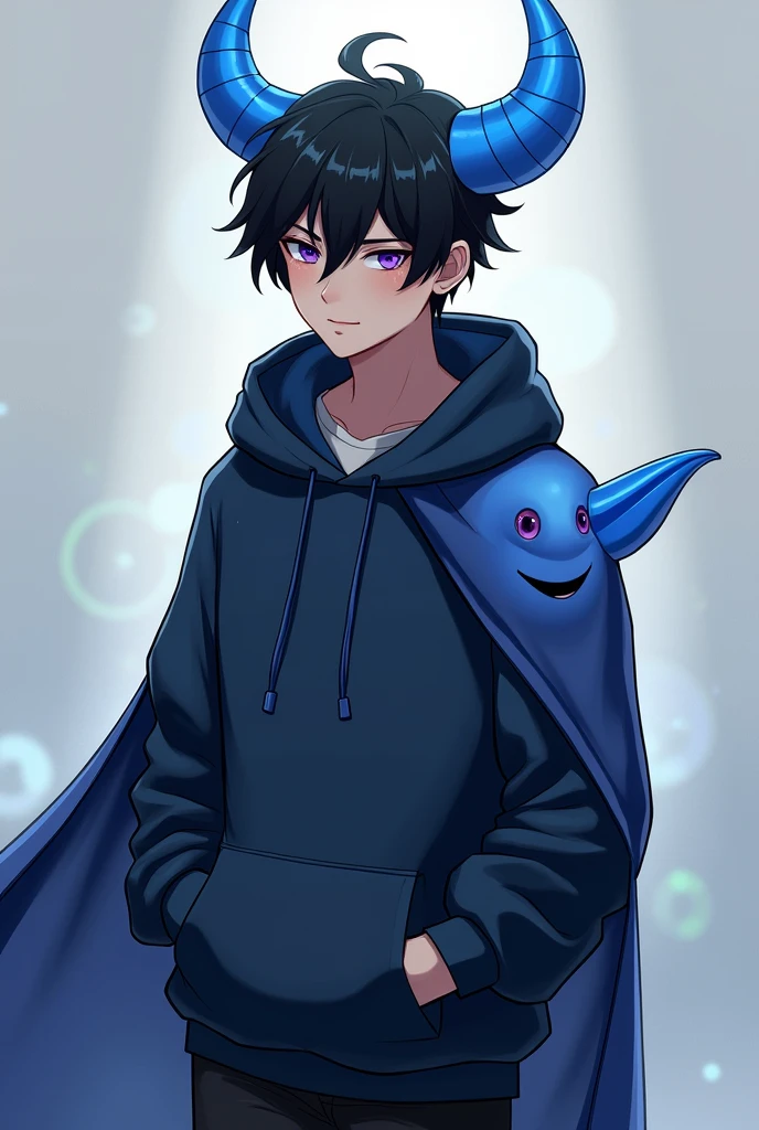 Make me a fanart of a black haired guy with blue horns wearing a dark blue hoodie and wearing a creeper cape with a smiling face on the back