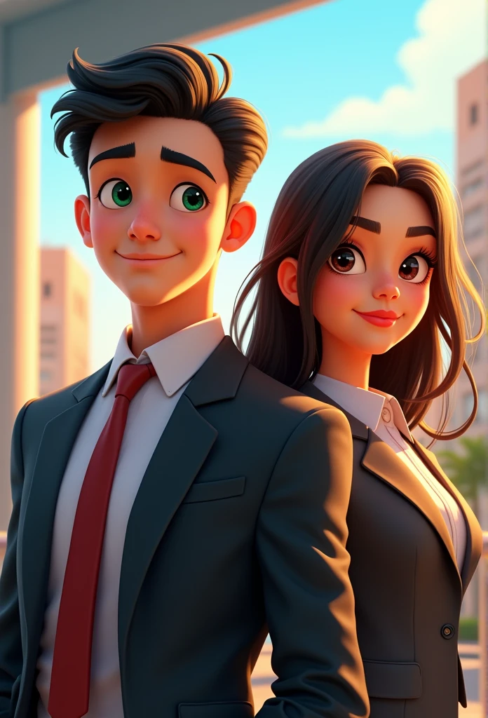 (best qualityer,4K,HDR),Pixar-style,2 young man,natural portrait,stunning green eyes,skin fair,straight black hair,businesswoman,formal black suit,beautiful face,delicate features,kind smile,confident stance,illuminated by the soft light of day,City skyline background,subtle shadows,dynamic composition,swirly vibrant colors,meticulous attention to detail,Playful Behavior, but professional,warm and inviting atmosphere,Perfect Rendering,lifelike textures,ultra-detailed facial expression,expressive eyes and lips,sparkling eyes with a hint of mischief,soft and shiny hair strands,Subtle makeup enhancing your natural beauty,Perfectly tailored suit accentuating your figure,sophisticated, but accessible,Creative and inspiring spirit,Portrait capturing your ambition and determination,Intense focus and movement in your eyes,graceful movement and balanced posture,Creating a sense of movement and energy in the artwork,Breathtaking clarity and sharpness,immersive three-dimensional effect,perfect lighting,Illuminating your features in a flattering way,balanced and refined color palette,with pops of vibrant tones,improve the overall visual impact,Finding the right balance between realism and stylization,showing her in a moment of triumph and confidence,a timeless masterpiece,showing the beauty and strength of the modern woman.