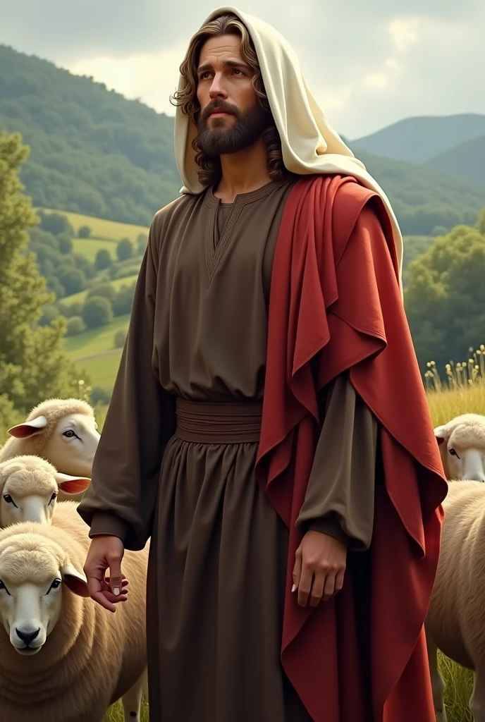 Create an image of Jesus, the Good Shepherd, wearing a dark brown rustic tunic, a red cloak with sleeves and a white veil over the head and wrapped around the neck.
