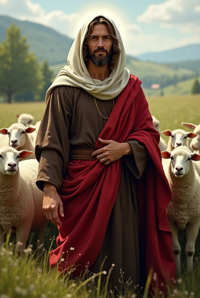 Create an image of Jesus, the Good Shepherd, wearing a dark brown rustic tunic, a red cloak with sleeves and a white veil over the head and wrapped around the neck.