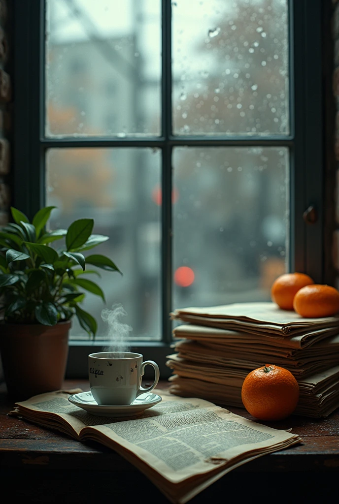 A aesthetic vintage photo of newspapers and coffee with some oranges in a building rain window view