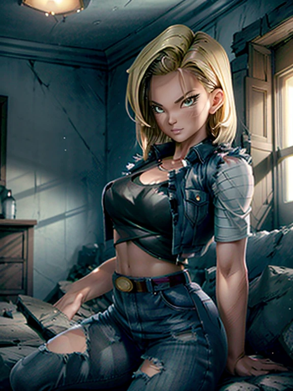 ((best qualityer)), ((upper details)), ((perfect lighting)), (android 18), pretty girl, shining skin, ((blue colored eyes)), short and blonde hair, very torn clothes, torn jeans, ripped black t-shirt, denim vest, ((fully body, fully body)), medium breasts, ((breasts showing)), wide hip, legs thick, ((private parts appearing)), (Angry), (battle pose), (from front view), ((great lighting)), cinematographic, Scene of destruction, lying in rubble, (nakeness), (no censure)