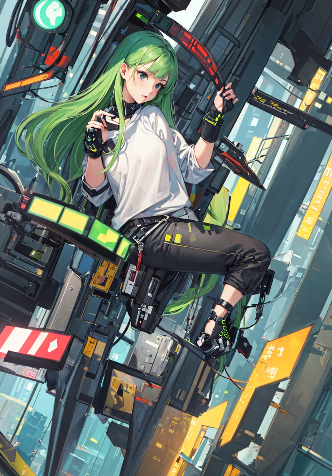 ((masterpiece)), (((best quality))), chromatic lighting,
colorized, green + white limited color palette,
detailed concept drawing,
Shibuya street girl, cyberpunk, futuristic,
portrait, 20yo 1girl, medium soft breasts, slender, jacket, combat-pants,, long green hair, black eyes,in a city,
