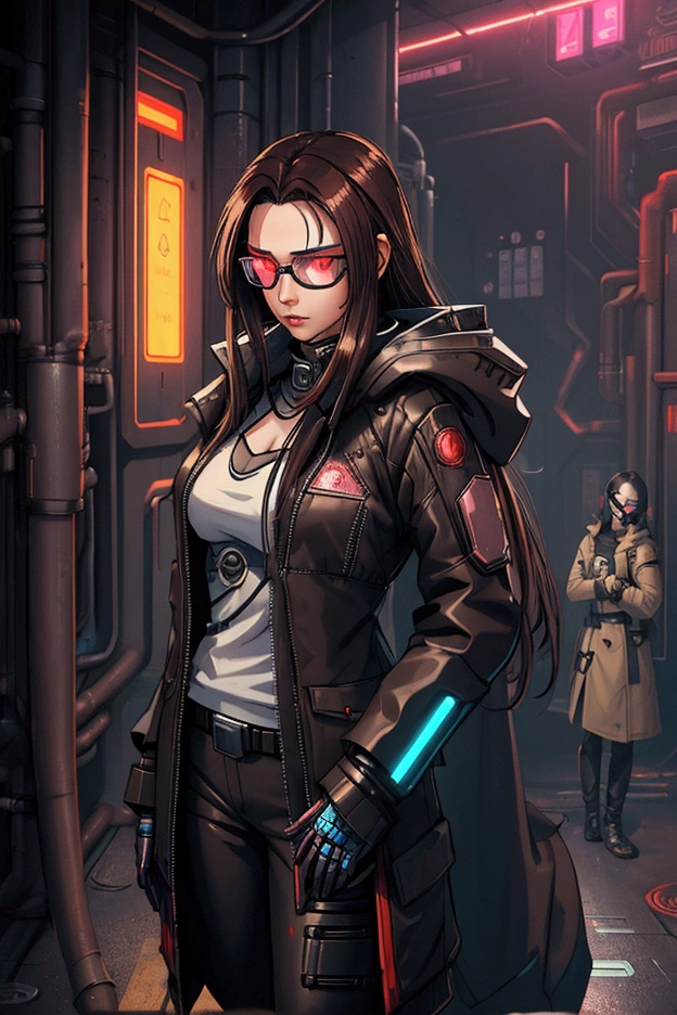 Female cyberpunk character with very long dark brown hair, fair skin with flushed cheeks, a medium coat over the clothes, very discreet robotic mechanisms throughout the body and using cyberpunk netrunner interface glasses