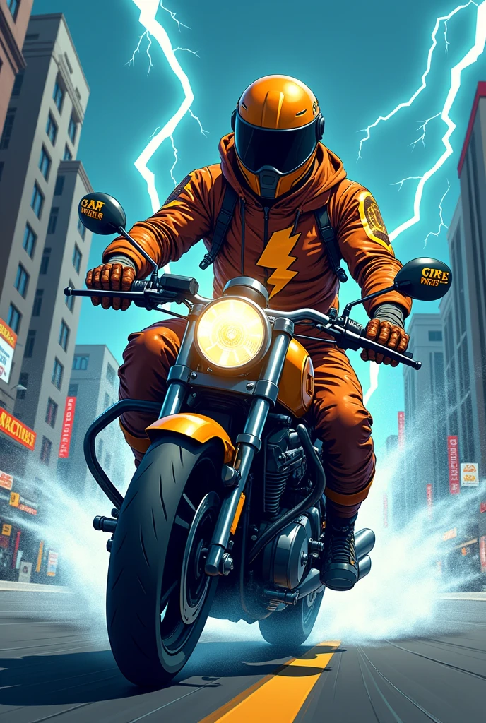 Create a motorcycle courier on your bike with the aggressive cartoon lightning bolt themed outfit with lightning bolts in the background