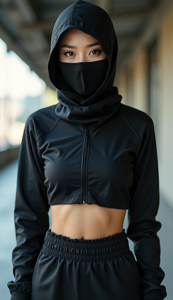 Beautiful asian woman, Street fashion style with balaclava, with Nike suit, portrait, fashion magazine