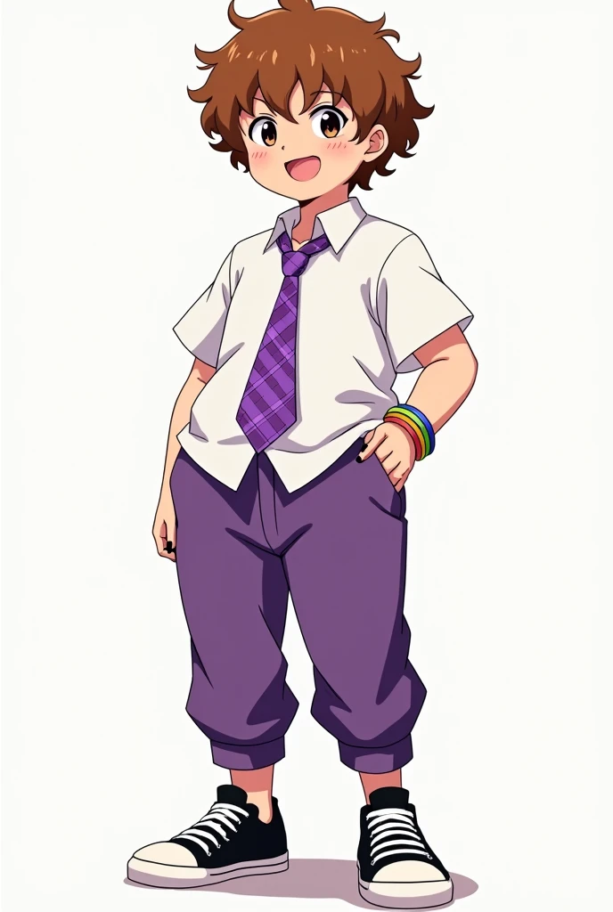 Un lycéen d'anime aux cheveux bouclés et châtains, sans frange. Il porte pour uniforme une chemise blanche, une cravate violette à carreaux et un pantalon violet aussi. Il est un peu dodu. Il a l'air excentrique. Ses chaussures sont des converses noires et il porte un bracelet arc-en-ciel. Il se tient droit, et de face. Il est grand. Il porte du vernis noir.