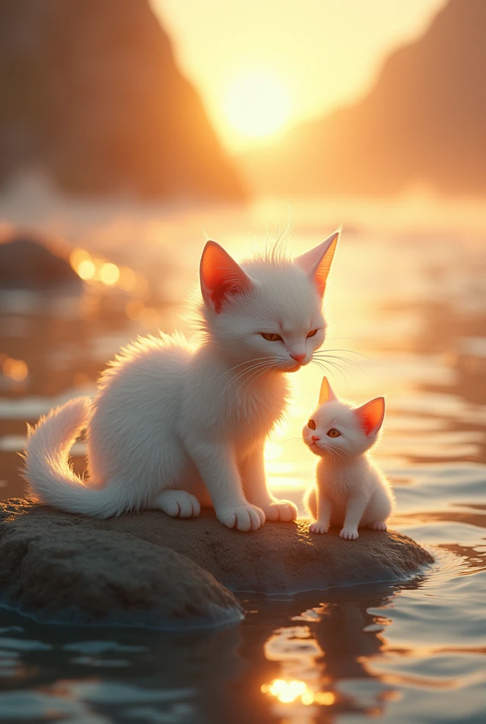 The scene ends with the white mermaid cat and the baby cat sitting side by side on the rock, the sunset casting a warm glow over them. The water is calm again, and the bond between the mermaid cat and the baby cat is stronger than ever.
