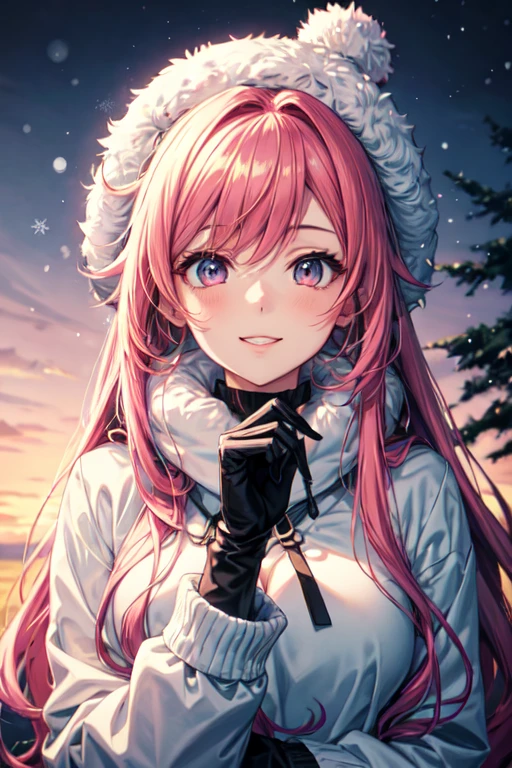 Anime girl with long pink hair and colorful eyes in a winter lounge., Girl with pink hair, 1K anime style, anime art wallpaper 2k, anime art wallpaper 2k, anime art wallpaper 2k, beautiful animated portrait, beautiful anime girl, 2k anime wallpaper, anime girl portrait, beautiful anime woman, cute smile, fuzzy hat and clothing, nice sunrise, winter