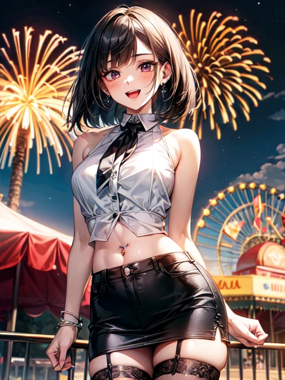 ((masterpiece, Highest quality, Very detailed)), anime CG,
One girl, 20 years old, gyaru, gyaru-style makeup, BREAK ((brown skin:1.3)), ((tanned skin:1,3)), ((blonde)), Long Hair, blunt bangs, wavy Hair, BREAK ((grey eyes:1.3)), ((slant eyes:1.3)),((thick thighs)), medium breasts,
((lots of pierced earrings, silver chain necklace, silver bracelet)),
((bare belly button, belly piercing)),
BREAK looking at viewer, cowboy shot, evil smile, ((open mouth)), ((tongue out)), sitting,
BREAK she is dressed like a punk rocker, (wearing a white t-shirt with a rock band print), (black leather jacket), (cleavage), BREAK (red tartan mini skirt), (pantyhose ),
BREAK night scene, starry sky, brightly lit amusement park, colorful parade, twinkling lights, ferris wheel, roller coaster silhouettes, festive atmosphere, magical illumination, crowded pathways, fireworks in distance, full moon, glowing carousel, cotton candy stands, excited visitors, whimsical decorations, sparkling fountains,