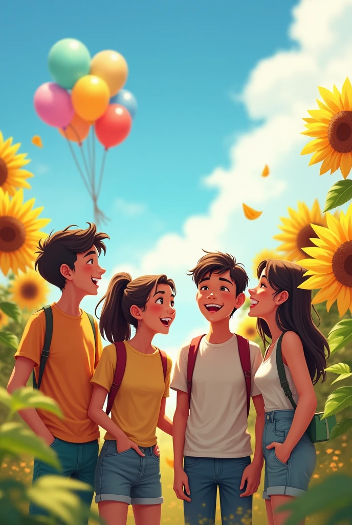 A group of 5  friends(girls and boys) laughing together, bright sunflowers, or colorful balloons being released into the sky.