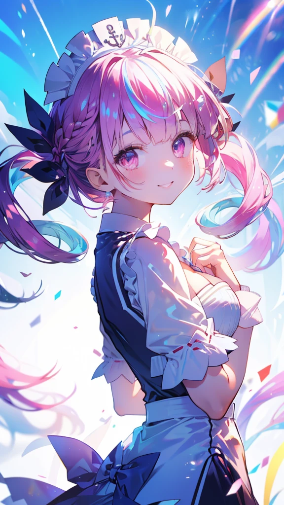 (Highest quality:1.2), (Very detailed:1.2),(masterpiece:1.2),(8k:1.2),(Blessed,Captivating body、Very beautiful eyes、Very detailed肌、Very detailed顔,Detailed Background), aaaqua, twintails, drill hair, maid headdress, cleavage, short sleeves, wrist cuffs, (summer background,Blue Sky background,rainbow:1.3),(The best smile:1.2)、farewell、graduation, (looking back:1.2)