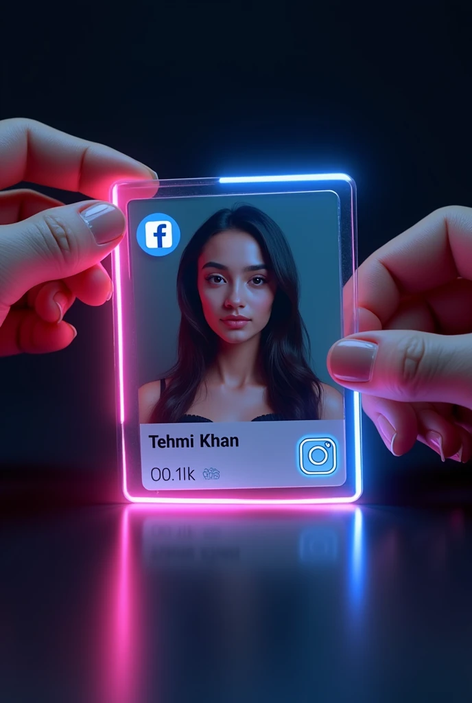 Prompt: Create a facebook profile on glass id card on a Black desk displaying Instagram logo and realistic profile photo of a girl in circle and " TEHMI KHAN " is written in bold fonts under the profile photo and 00.1k Followers written, the card is glowing in pink and blue color on the edge, One corner is held with two fingers....less