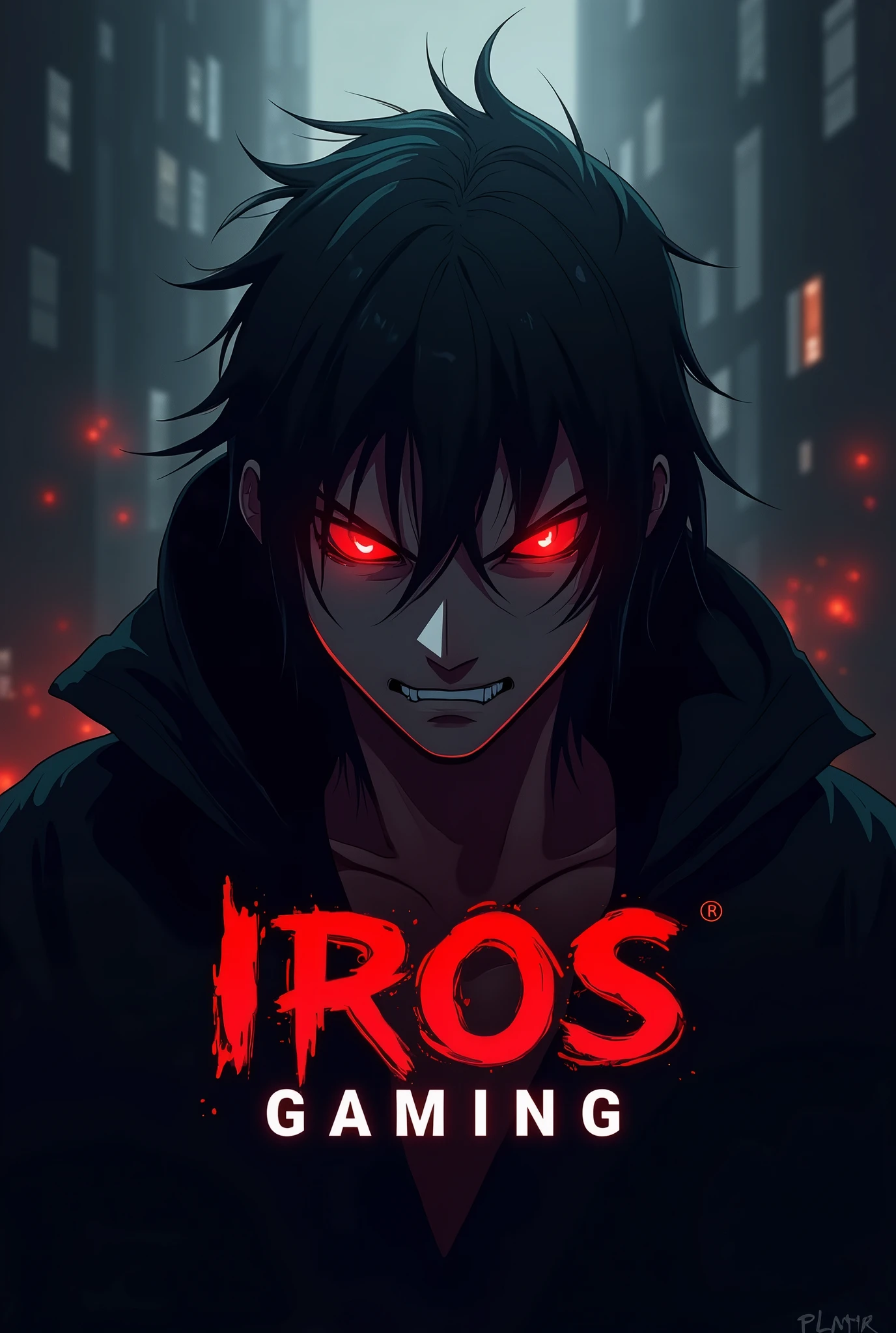 "IROS GAMING" in a bold text written in the picture with a suitable color modern font that complements the dark, intense theme. A dark-shaded anime character with a menacing look. The character should have a prominent, intimidating expression with striking red eyes. Dark tones (black, gray) with accents of red for the eyes and possibly other details to enhance the overall fearsome look. The character can be either a full face or a more stylized, abstract version to keep the logo clean and versatile.