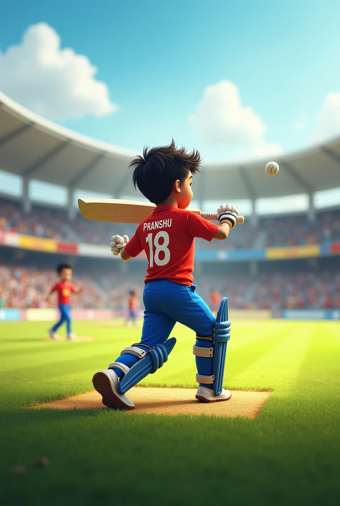 A boy playing cricket wearing 18 number jersy with pranshu name