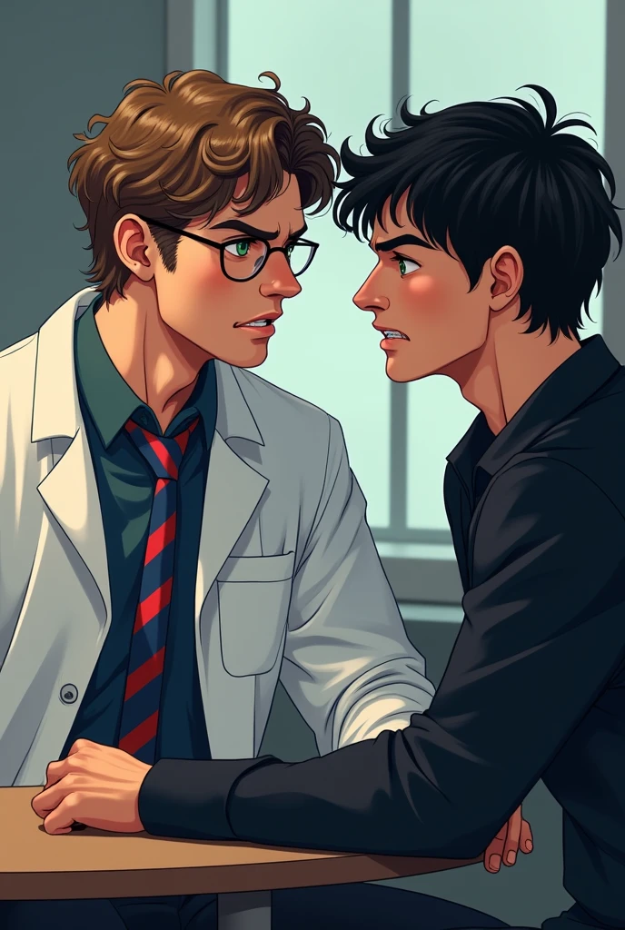 create two guys 20 years old sitting next to each other, in the left the guy is taller has eye glasses and has brown wavy curly hair, he wears lab gown over white long sleeves and blue and red stripes tie, has green eyes looking at the other guy angrily, the other guy beside him wears black clothes has wavy black hair and looks as if he's trying to provoke the other guy.