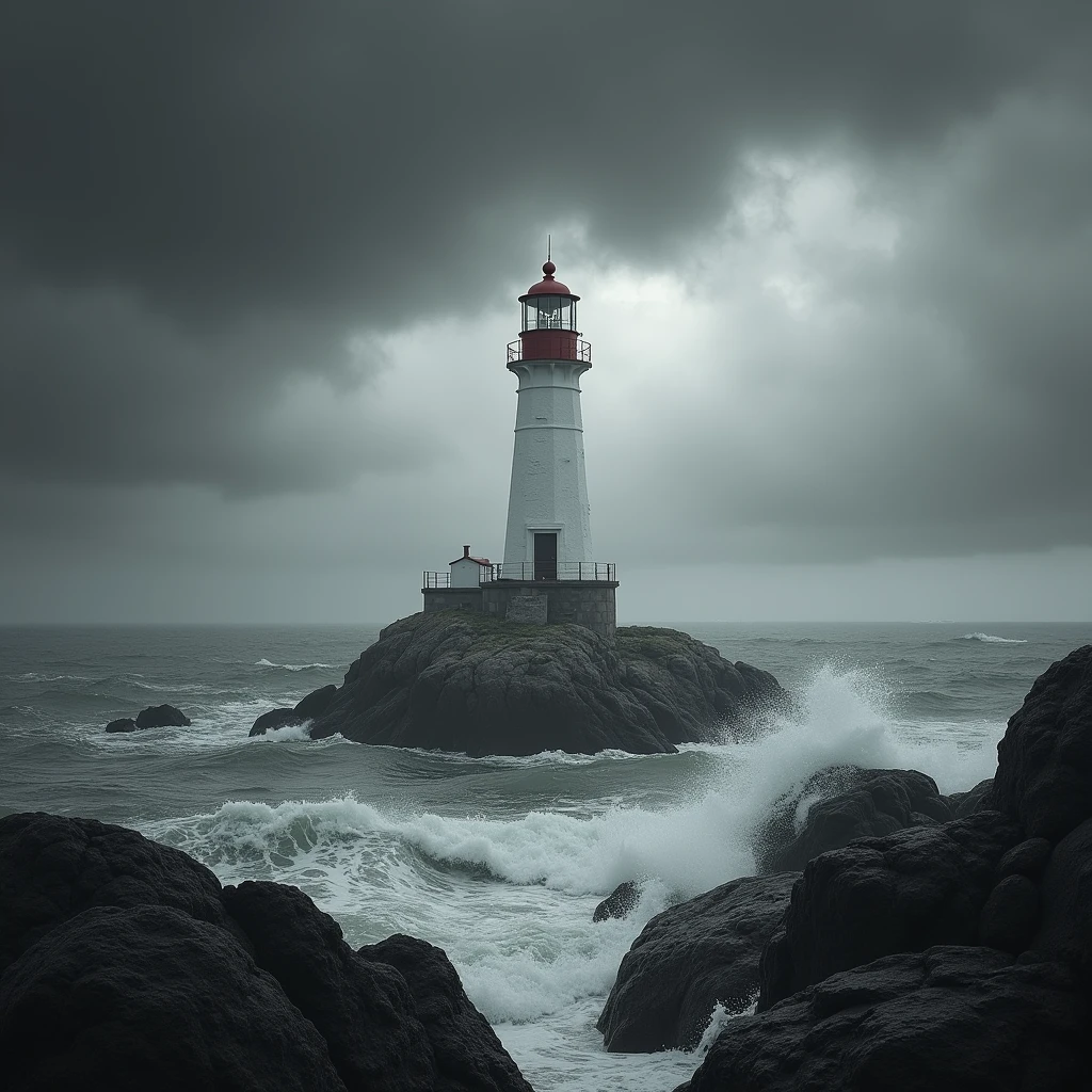The image is a black and white photograph of a lighthouse on a small island in the middle of the ocean. The lighthouse is white with a red roof and a pointed top, and it is standing on a rocky island. The sky is filled with dark, ominous clouds, and the water is choppy with white foam. The overall mood of the image is ominous and foreboding.