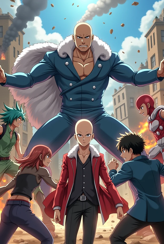 I create an image of the anime one punch man with the most viewed heroes, that the villain garou also appears, in the background a war scenario