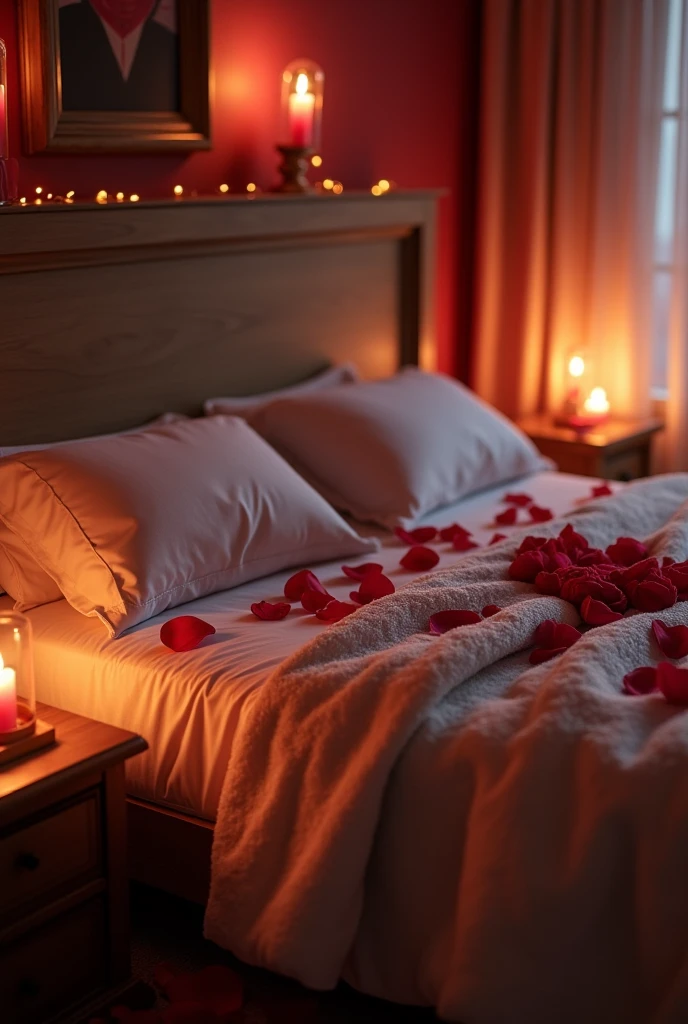 Photo réaliste,
Photo d'une chambre bien décoré pour une sainte Valentin , la nuit, avec des bougies