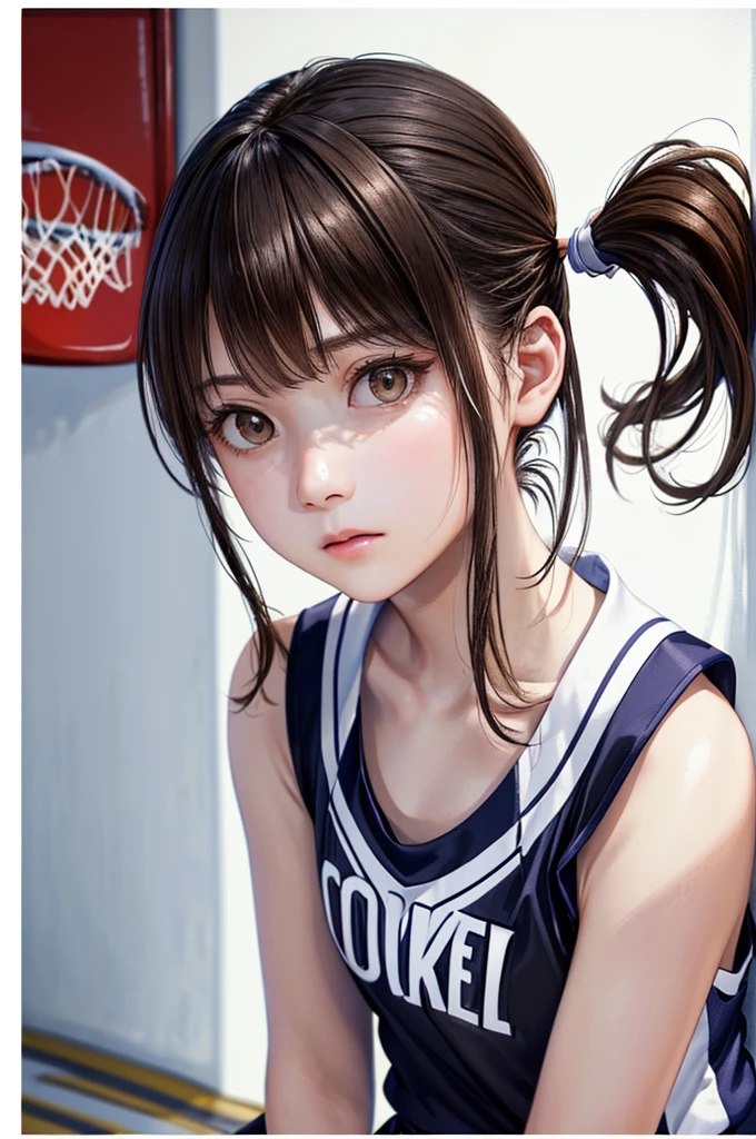 (((Frame In、Pure white wall background、Highest quality、8k、32K、masterpiece)))、(Realistic)、(Realistic:1.2)、(High resolution)、Very detailed、Very beautiful face and eyes、1 person、Round and small face、Tight waist、Delicate body、(close、Highest quality、Attention to detail、Rich skin detail)、(Highest quality、8k、Oil paints:1.2)、Very detailed、(Realistic、Realistic:1.37)、Bright colors、(((Brown Hair)))、(((Side Ponytail)))、(((Cowboy Shot)))、(((Bob Hair)))、(((The bangs are uniform)))、(((Pure white wall background)))、(((Wearing a basketball uniform)))、(((black basketball outfit)))、(((Expressionless)))、(((1 female)))、(((Tank top style uniform)))、