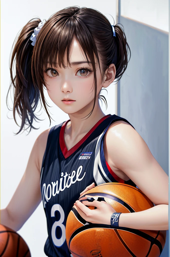(((Frame In、Pure white wall background、Highest quality、8k、32K、masterpiece)))、(Realistic)、(Realistic:1.2)、(High resolution)、Very detailed、Very beautiful face and eyes、1 person、Round and small face、Tight waist、Delicate body、(close、Highest quality、Attention to detail、Rich skin detail)、(Highest quality、8k、Oil paints:1.2)、Very detailed、(Realistic、Realistic:1.37)、Bright colors、(((Brown Hair)))、(((Side Ponytail)))、(((Cowboy Shot)))、(((Bob Hair)))、(((The bangs are uniform)))、(((Pure white wall background)))、(((Wearing a basketball uniform)))、(((black basketball outfit)))、(((Expressionless)))、(((1 female)))、(((Tank top style uniform)))、