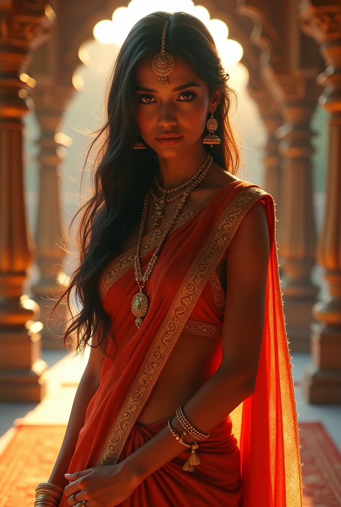 a beautiful detailed sexy woman in a saree, detailed face, hot body, ultra detailed, temple background, goddess, intricate jewelry, cinematic lighting, dramatic pose, glowing skin, volumetric lighting, photorealistic, 8k, vibrant colors, dramatic lighting, highly detailed, masterpiece