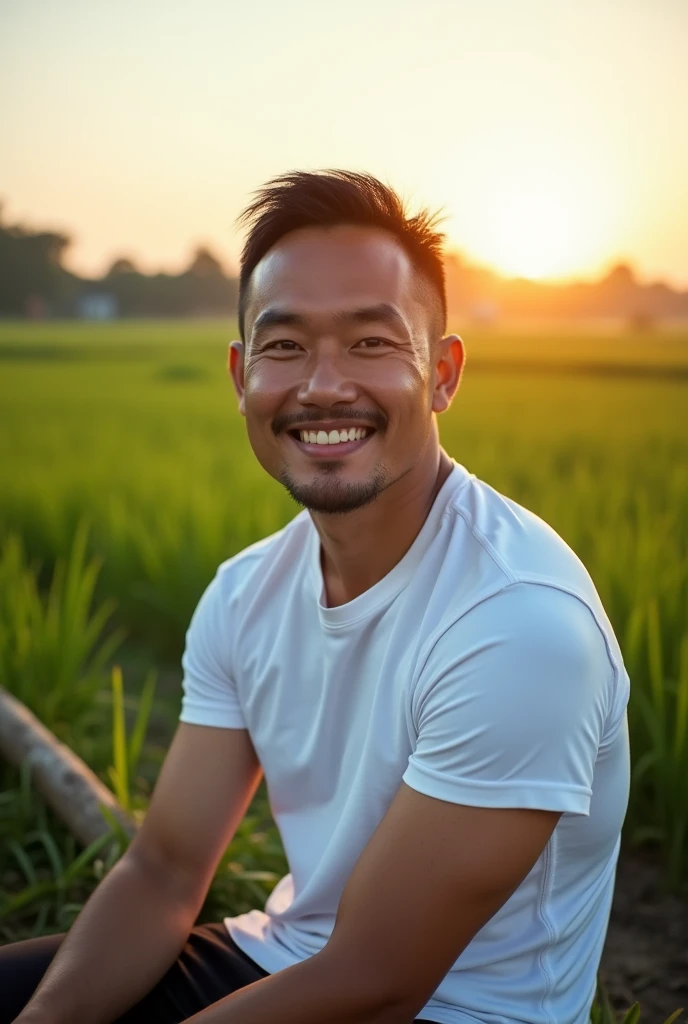 A 40-year-old Thai man wearing a white e-sports T-shirt with medium muscles sits on a log, facing forward, with large, gentle eyes.,Green rice fields in the back, During sunset, 8k Selfie photograph, Selfie photo, During sunset ท้องฟ้าสีฟ้าใส มีแสงอ่อนนวลสายตา