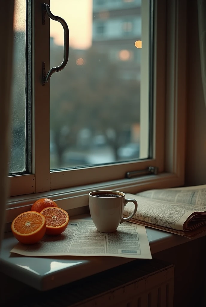 A aesthetic vintage photo of newspapers and coffee with some oranges in a building evening view window view oranges should be cut